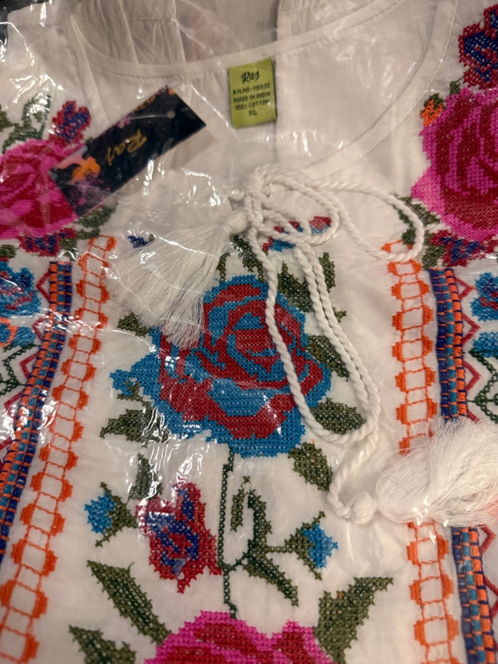 Raj Embroidered White Blouse with Blue, Pink and Red Floral Motif